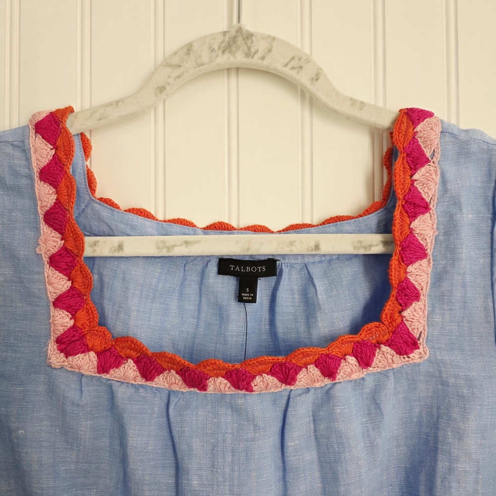TALBOTS Boho Embroidered Linen Blue Blouse Small - Picture 5 of 12